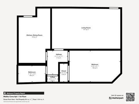 A floor plan of a property with a living room, kitchen, bathroom and bedroom.